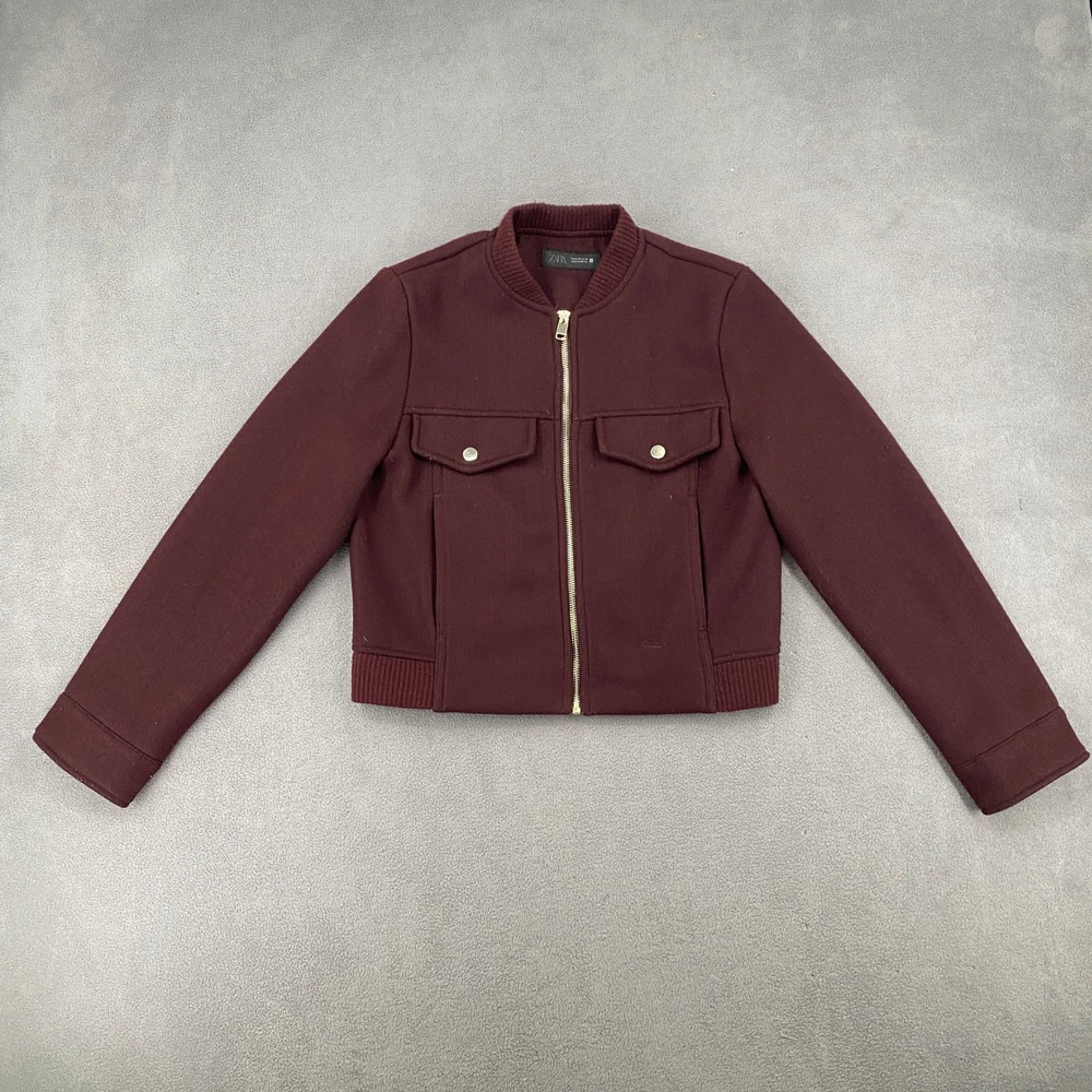 Zara Womens Burgundy Maroon Zip Up Bomber Jacket Size XS Ribbed Trim Cropped
